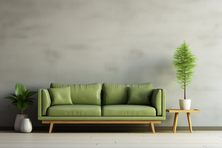 A living room with a green couch and a potted plantの素材