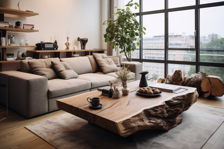 A cozy living room with a comfortable couch and a stylish coffee tableの素材