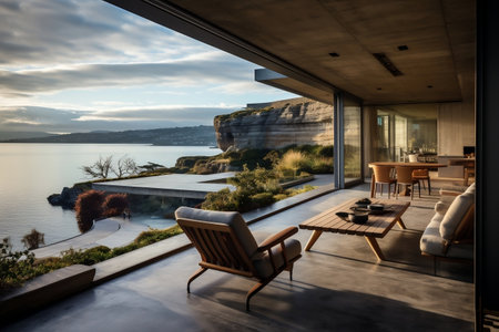 A balcony with a view of the oceanの素材