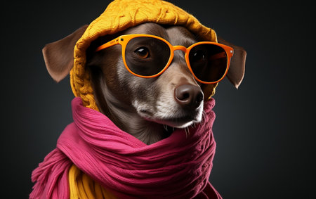 A dog wearing a yellow suit and hatの素材