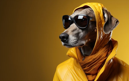 A dog wearing a yellow suit and hatの素材