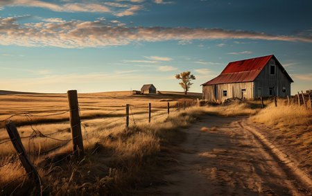 A dirt road leading to a house on a hillの素材
