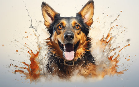 A dog is in the water with its mouth openの素材