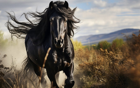 A black horse running through a field of tall grassの素材