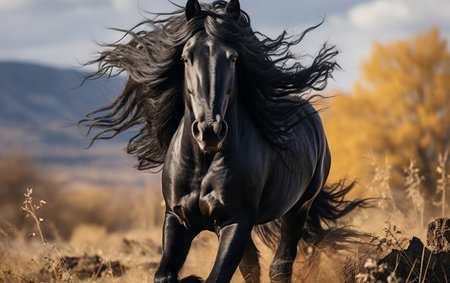 A black horse running through a field of tall grassの素材