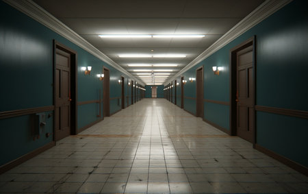 A long hallway with tile floors and white wallsの素材
