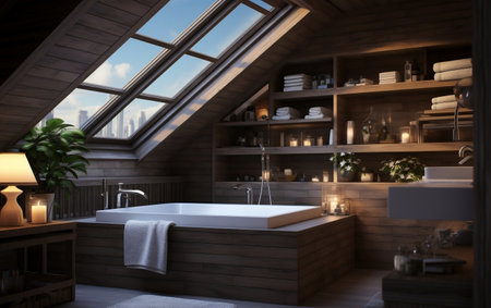 A bathroom with a large tub and a windowの素材