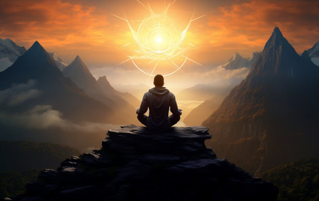 A person sitting on top of a mountain with a sunset in the backgroundの素材