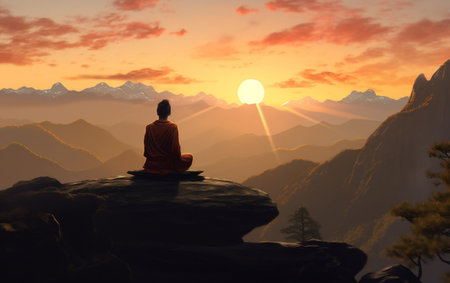 A person sitting on top of a mountain with a sunset in the backgroundの素材