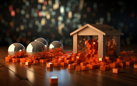 A wooden table topped with lots of orange cubesの素材
