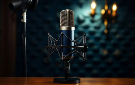 A microphone sitting in front of a wallの素材