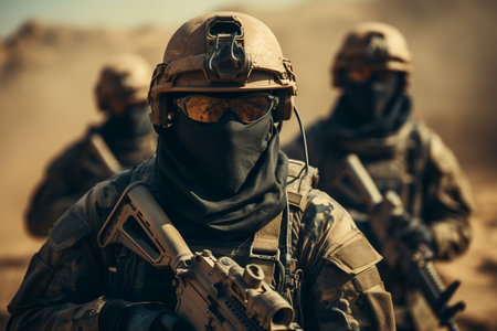 A group of men in military gear walking through the desertの素材