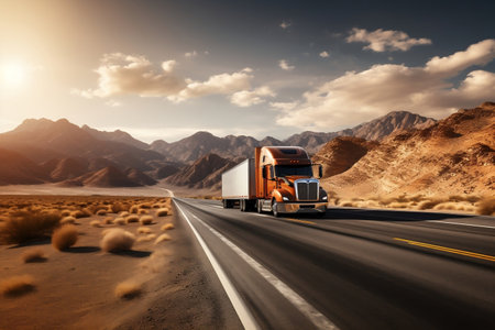 A semi truck driving down a desert roadの素材