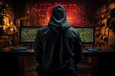 A hacker in front of multiple computer monitorsの素材