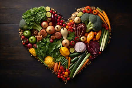 A heart shaped arrangement of vegetables on a wooden tableの素材