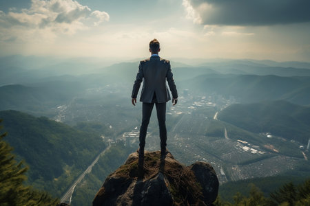 A man standing on top of a mountain overlooking a valley