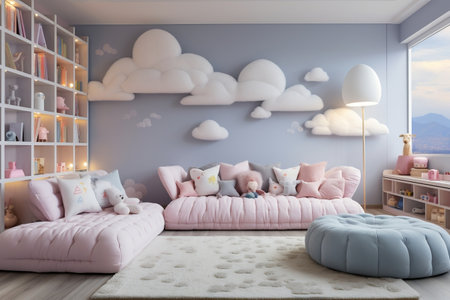 A living room with pink furniture and a eiffel tower in the backgroundの素材