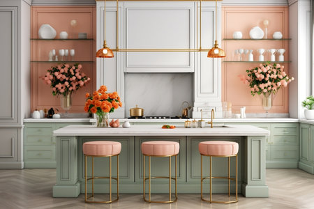 A kitchen with a marble counter top and pink stoolsの素材