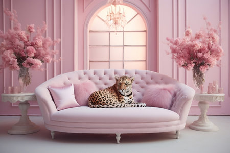 A living room with a pink couch and a tigerの素材