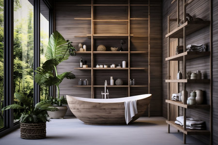 A bathroom with a large tub and shelves of plantsの素材