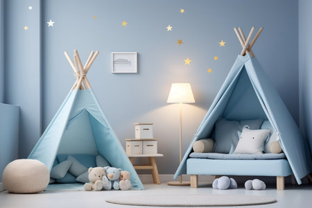 A child's room with a teepee tent and stars on the wallの素材