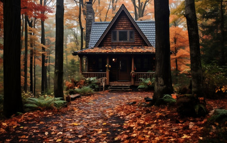 A cabin in the woods surrounded by treesの素材