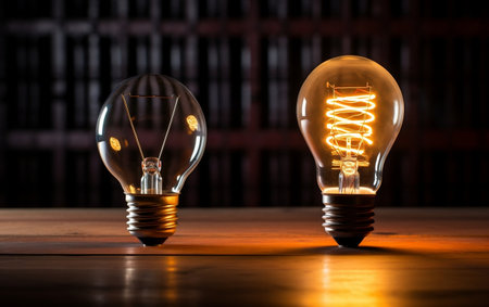 A couple of light bulbs sitting on top of a wooden floorの素材