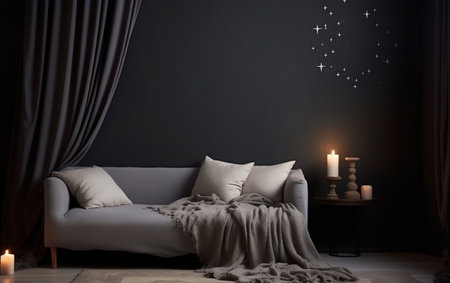 A living room with a gray couch and a purple wallの素材