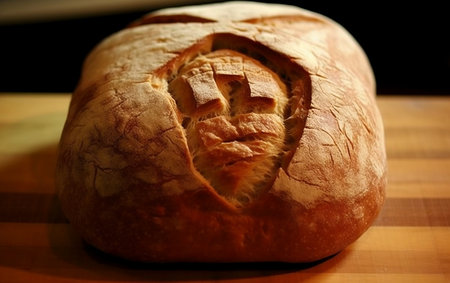 A loaf of bread sitting on top of a wooden tableの素材