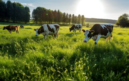 A herd of cows grazing on a lush green fieldの素材