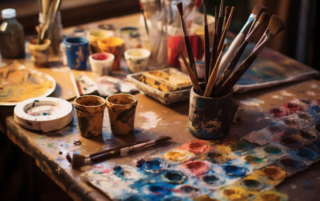 A table topped with jars filled with paint and brushesの素材