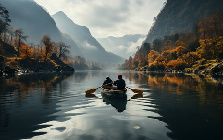 A boat floating on top of a lake surrounded by mountainsの素材