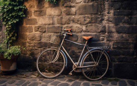 A bicycle leaning against a wall with a basketの素材