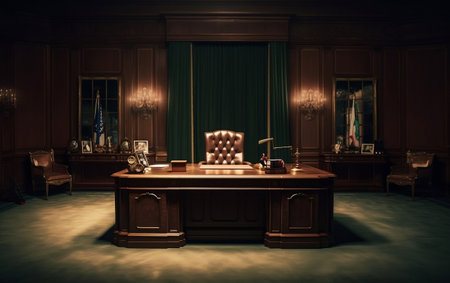 A large wooden table with a blue chairの素材