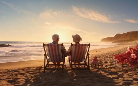 Two people sitting in chairs on a beachの素材