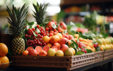 A colorful fresh fruits and Vegetable on a tableの素材
