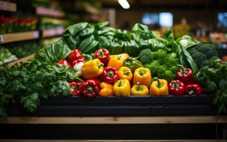 A colorful fresh fruits and Vegetable on a tableの素材