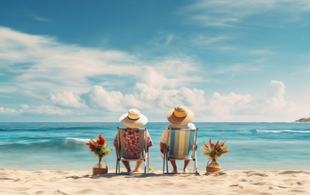 Two people sitting in chairs on a beachの素材