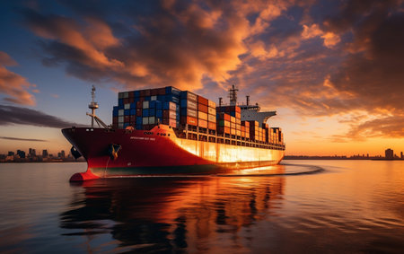 A massive container ship sailing on the open seaの素材