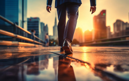 A man walking in the rain on a city streetの素材