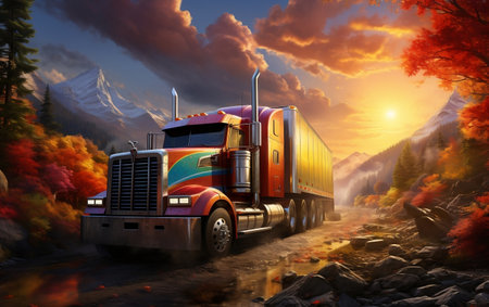 A semi truck driving down a dirt road under a cloudy skyの素材