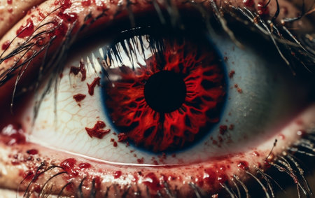 A close up of an eye with blood all over itの素材