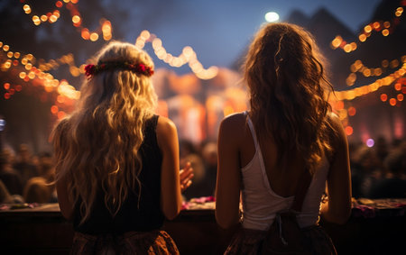 women enjoying a live concert surrounded by a lively crowdの素材