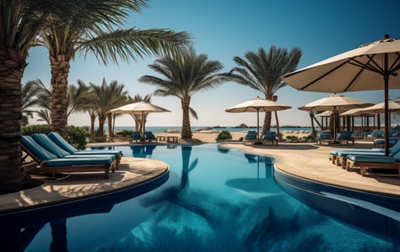 A couple of lounge chairs sitting next to a swimming poolの素材