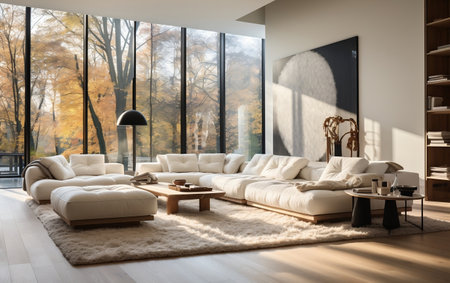 A living room with a white couch and a wooden coffee tableの素材