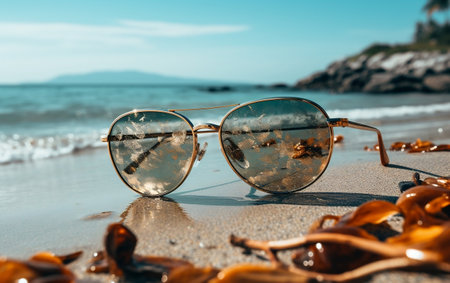 A pair of sunglasses sitting on top of a sandy beachの素材
