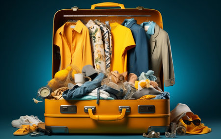 A pile of luggage sitting on top of a blue floorの素材