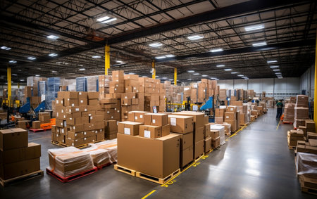 A large warehouse filled with lots of boxesの素材