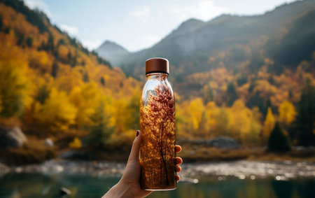 A person holding a glass bottle filled with Waterの素材