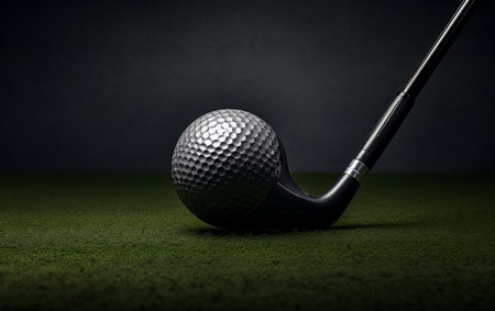 A golf ball next to a golf club on the grassの素材